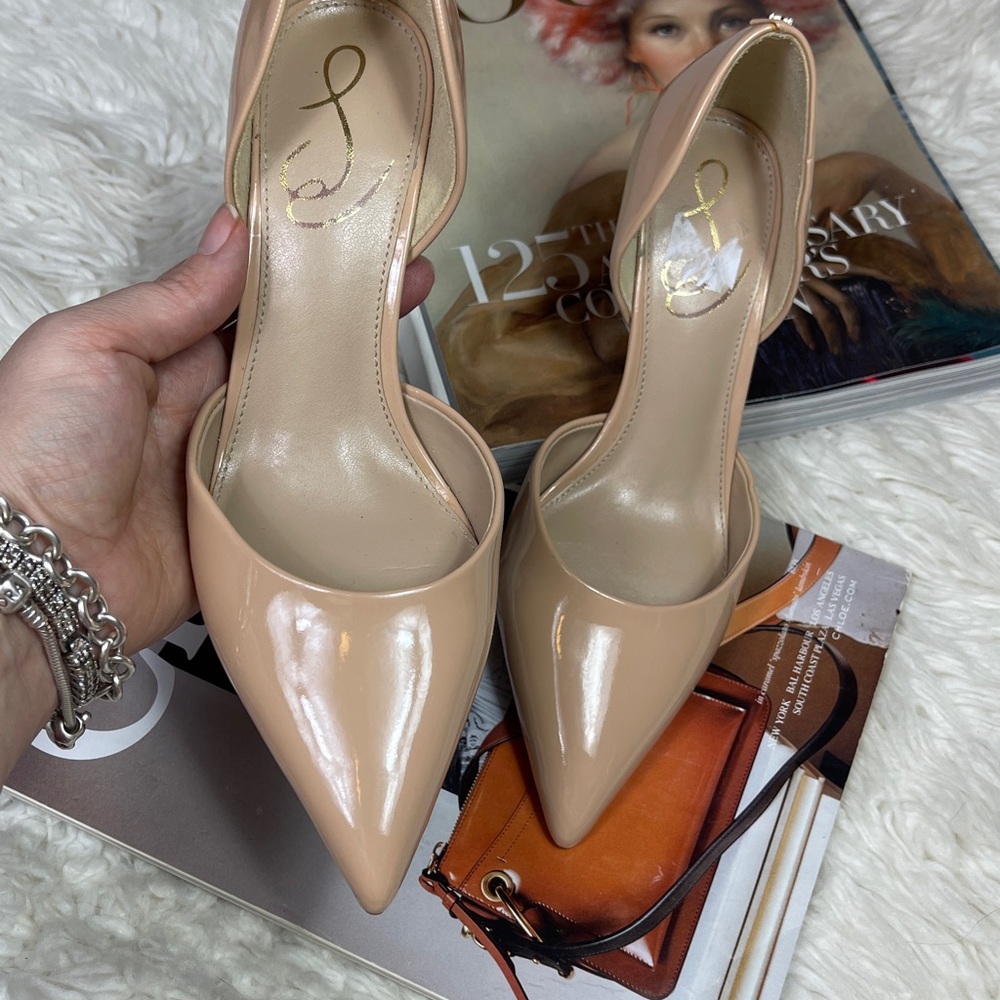 SAM EDELMAN VIV POINTED TOE PUMP Elegant Nude Patent Leather Pumps - Picture 4 of 10
